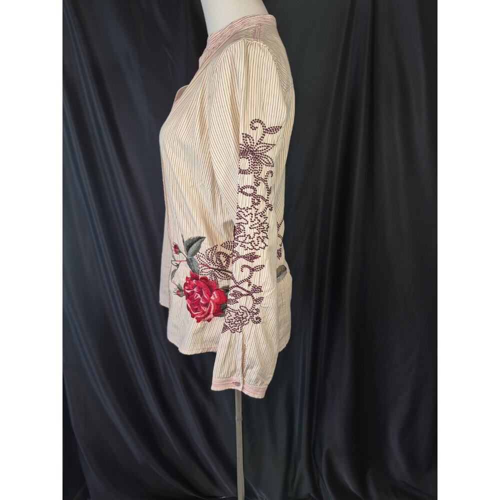 Johnny Was 3J Workshop Attico Rose Embroidery Pinstripe Shirt Cream Red Medium - Picture 9 of 14